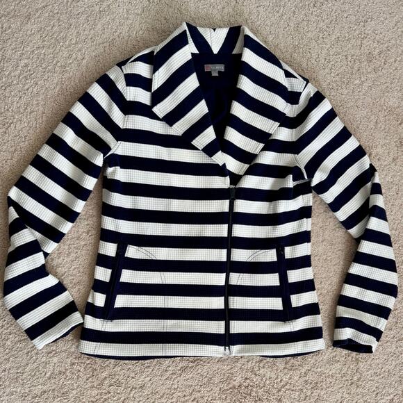 T Talbots Navy White Striped Preppy Nautical Asymmetrical Zip Moto Jacket Small - Picture 2 of 13